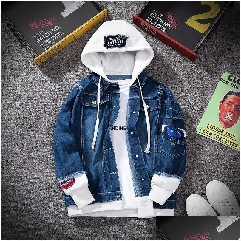 Men`S Jackets Mens Men Denim Jacket Streetwear Hip Hop Hooded Jean Male Loose Outerwear Slim Fit Coat Blue Fake 2 Pcs Drop Delivery Ap Dhh3E