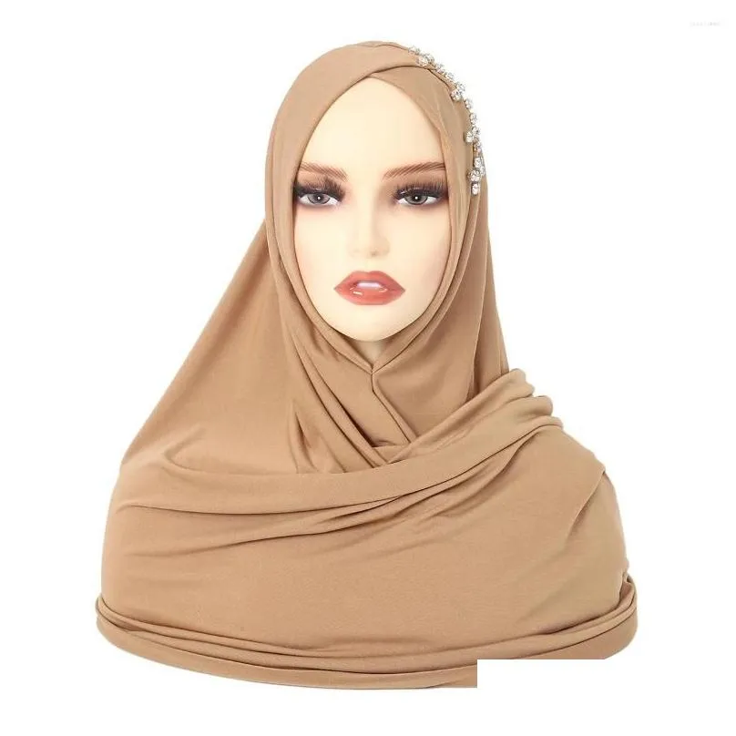 Ethnic Clothing Muslim Hijab Solid Color Diamond Pull On Amira Long Scarf Strapped Shawl Middle Eastern Soft Multi-Color For Women