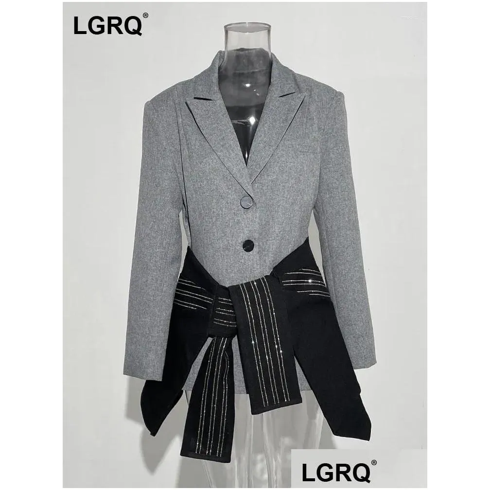 Women`s Suits Contrast Color Blazer Patchwork Diamond Bandage Notched Collar Single Breasted Suit Jackets Summer 2024 Trendy