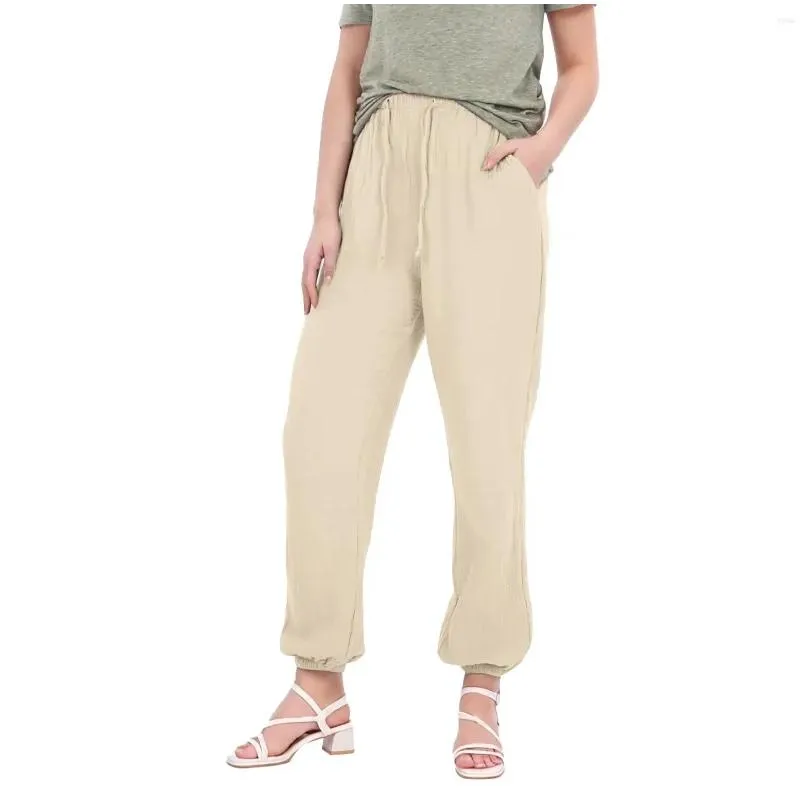 Women`s Pants 2024 Womens Spring Summer Cotton Linen Solid Elastic Waist Candy Colors Harem Trousers Casual Female Pantalone