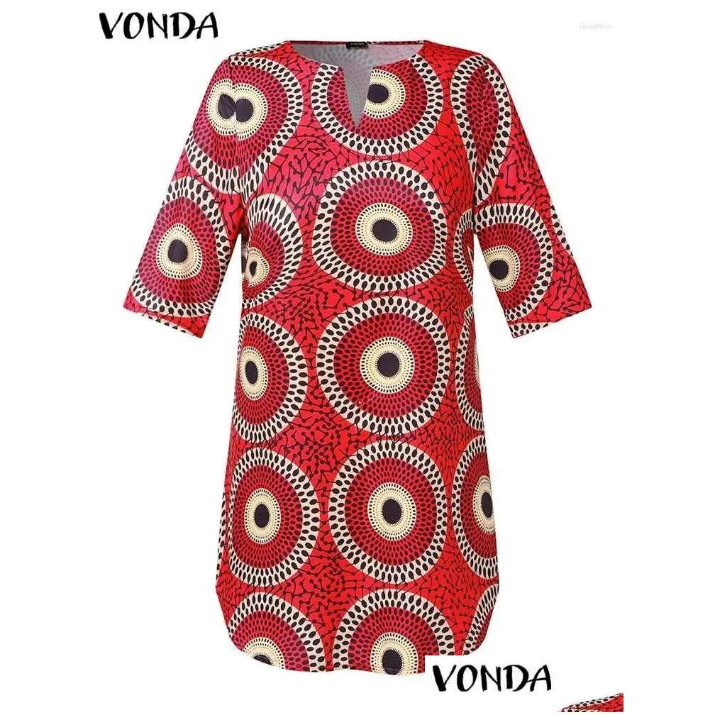 Women`s Blouses VONDA 2024 Fashion Printed Long Blouse Summer Women V-Neck Vintage Shirts Elegant Blusas 3/4 Sleeve Casual Loose Tunic