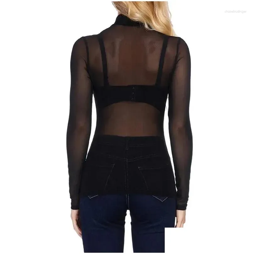 Women`s T Shirts 2024 Sexy Long Sleeved Mesh Lace High Neck Perspective Top Underlay Four Seasons Style YDL20