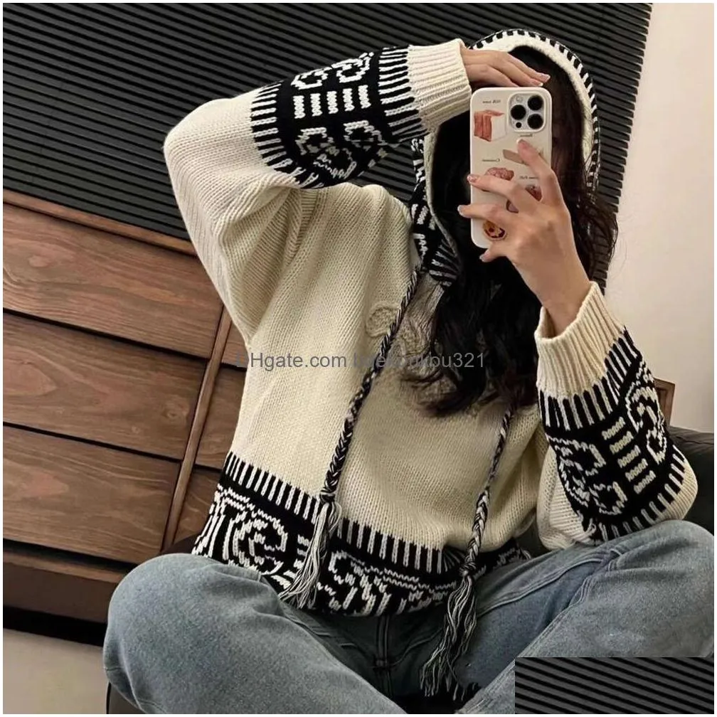 Women`S Sweaters Hoodie Women Designer Sweater Fashion Classic Embroidery Pattern Hooded Casual Loose Knit Plover Knitwear Drop Deliv Dhsrz