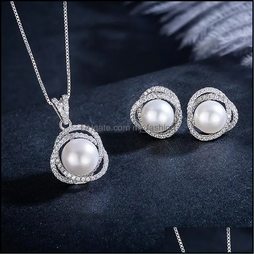 Earrings & Necklace Delicate Pearl Pendant Stud Set 9-10Mm Large Oblate Earring For Women Mom Anniversary Gift Jewelry High Dhgarden Dh5Rh