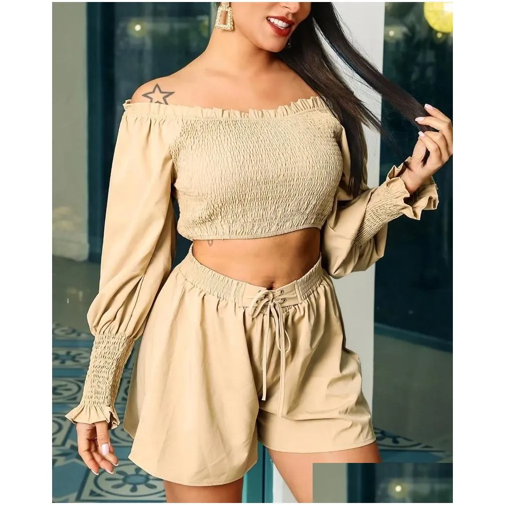 Women`s Tracksuits 2 Piece Sets Women Outfit Solid Color One Shoulder Short Tops Drawstring Leace-up Shorts Set Casual Ladies Pants