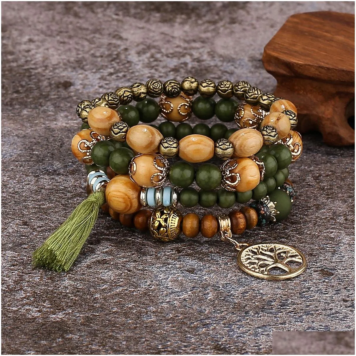 4pcs bohemia tree of life charm beaded bracelet set for women handmade wood beads chain bangle female boho jewelry