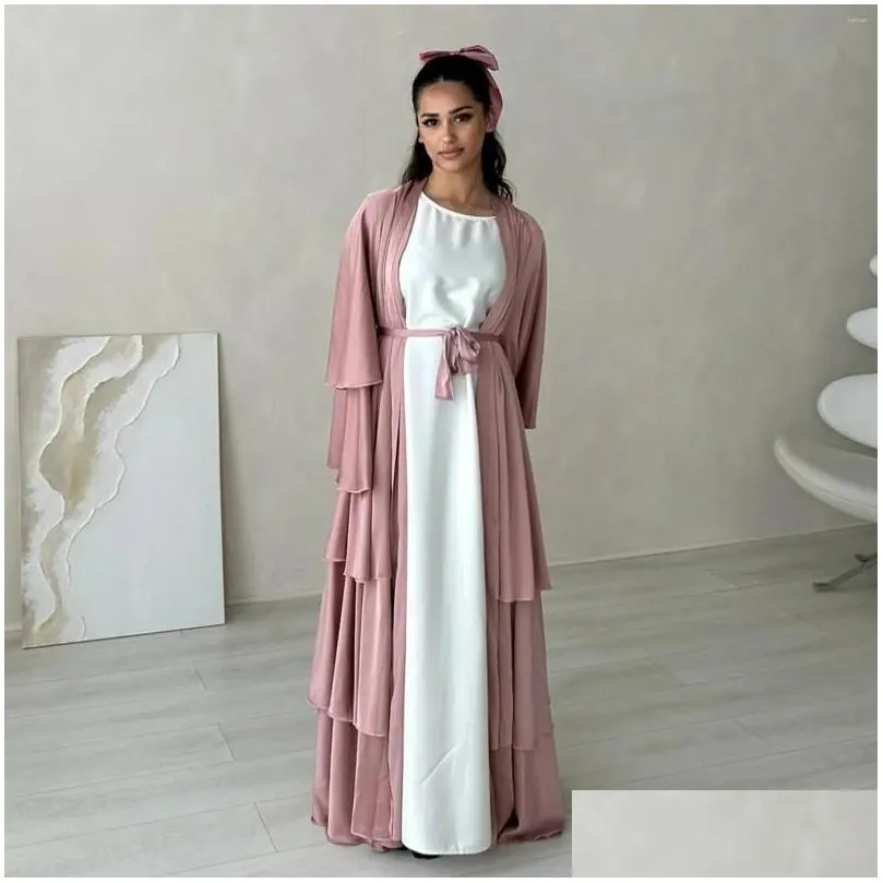 Ethnic Clothing 2024 Ramadan Open Abaya Dubai Cardigan Muslim Coat Arab Dress With Belt Turkey Abayas For Women Kimono Islamic Kaftan