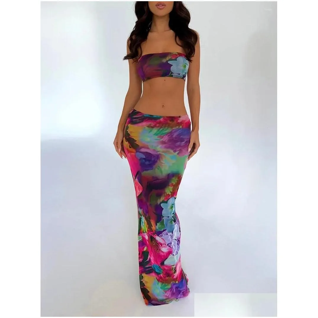 Work Dresses Women S 2 Piece Summer Outfits Sleeveless Tie Dye Print Tube Tops Long Bodycon Skirt Set