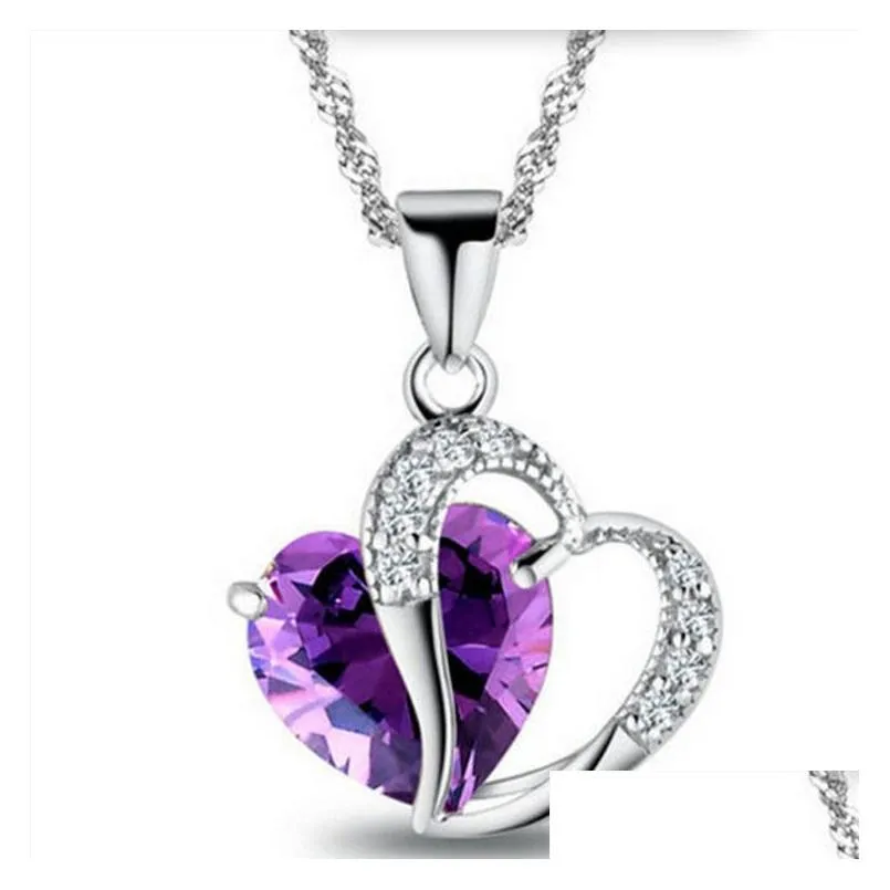 10 colors romantic crystal pendants necklaces for women beautiful love heart shaped silver chain choker female fashion jewelry in bulk