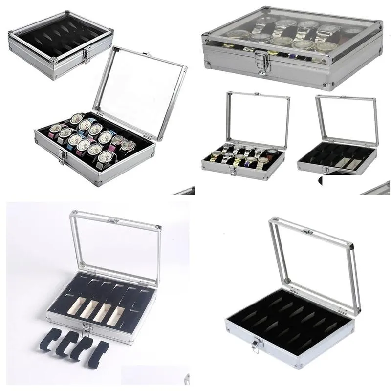 Watch Boxes & Cases Usef Aluminium Watches Box 12 Grid Slots Jewelry Display Storage Square Case Suede Inside Rec Holder 240124 Drop Dhg0Y