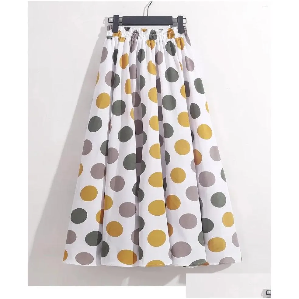 Skirts Summer Women Printed Dot Dresses Elastic High Waist Casual Loose A Line Midi Long Flowy Vestidos