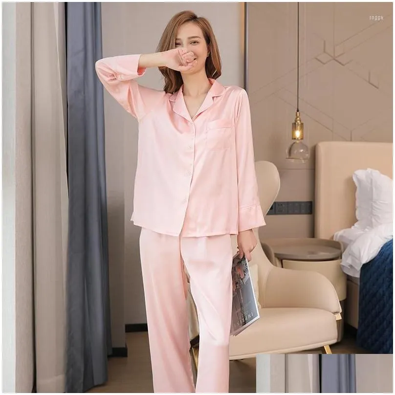 Women`s Sleepwear Silk Satin 2PCS Pajamas Suit Women Spring Full Sleeve Pant Home Wear Autumn Nightwear Fashion Pijama Pyjama