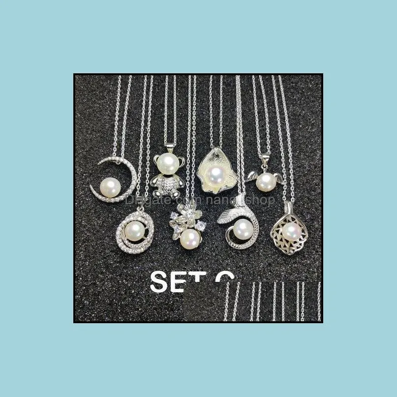 4 set pearl pendant for female girl 925 silver necklace 7-9mm oblate white pearl necklace wedding christmas gift box