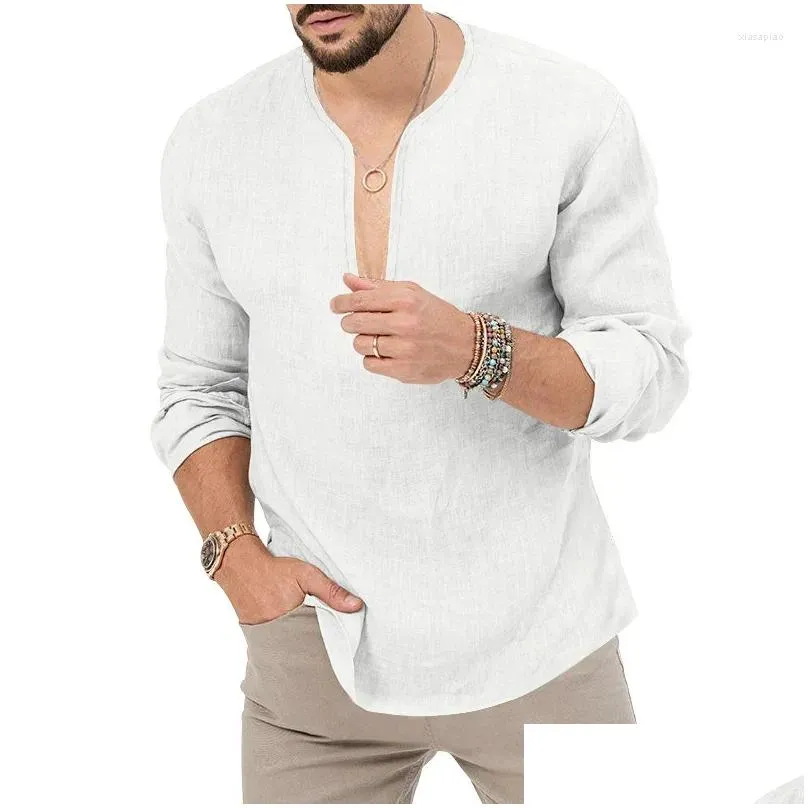 Men`S T-Shirts Mens T Shirts 2023 Winter Long Sleeve Shirt Leisure Tropical Cotton Linen Deep V-Neck Solid Color Large Size T-Shirt Dr Dhgbf