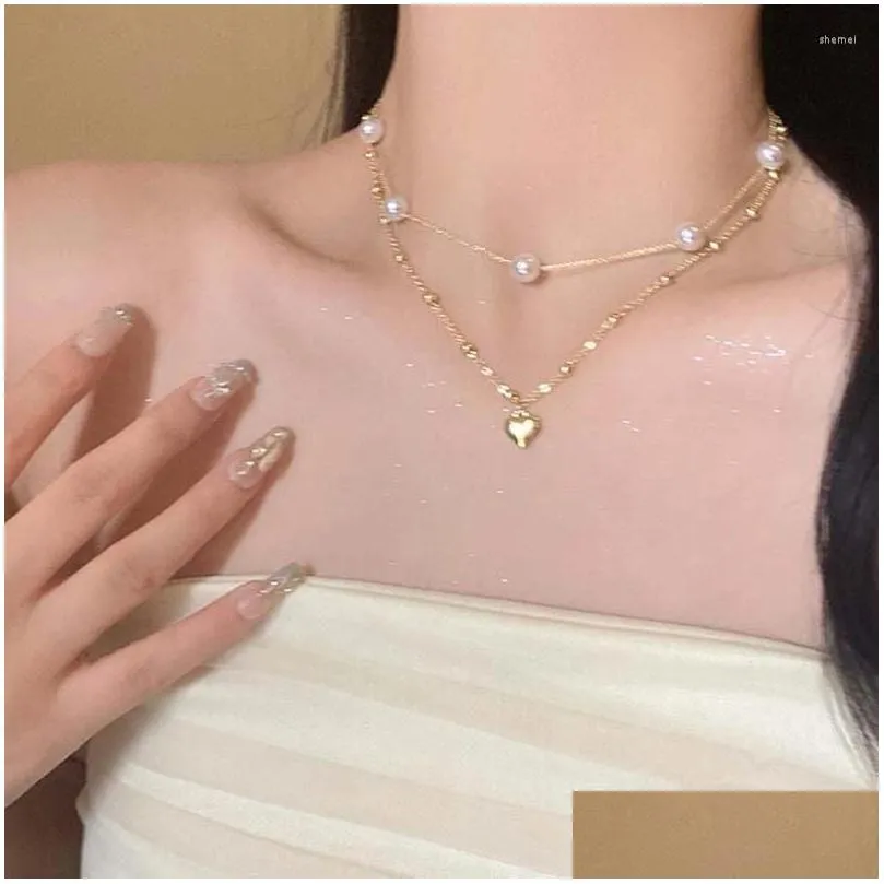 Choker Vintage Pearl Necklaces For Women Fashion Double Layer Chain Small Love Heart Pendant Necklace Wedding Party Jewelry Gift