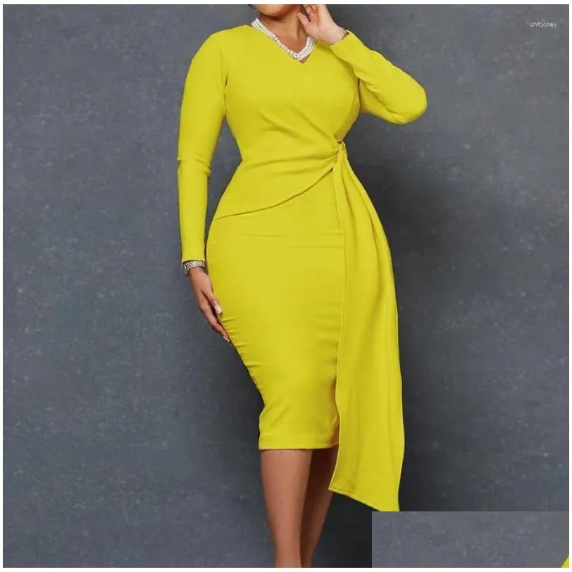 Casual Dresses Elegant Women`s Dress 2023 Solid Color V-Neck Long-Sleeved Temperament Pencil Skirt Irregular Tie Waist Midi Famale