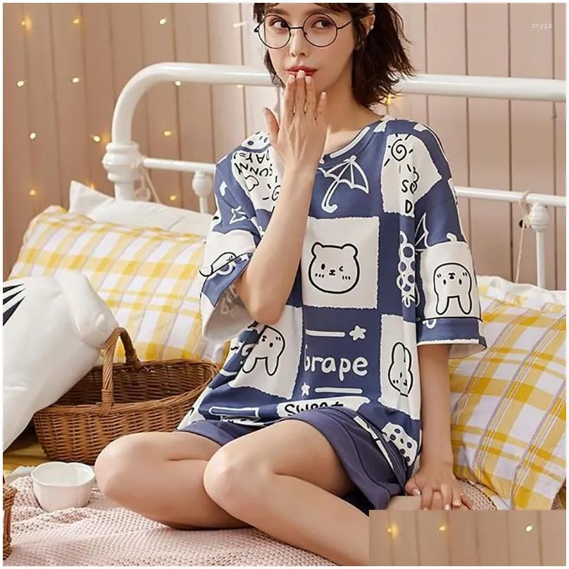 Women`s Sleepwear Summer Animal Printing Short-sleeved Shorts Round Neck Pajamas Thin Fashion Cute High Quality Nightgown Large Size