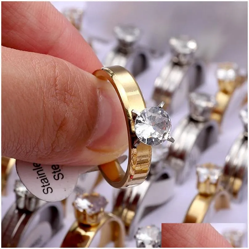 wholesale trendy zircon solitaire rings for women wedding engagement bride stainless steel ring jewelry in bulk mix color and size