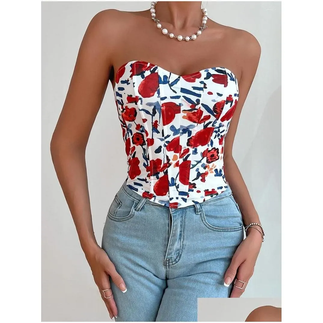 Women`s Tanks Boho Floral Tube Tops Sexy Backless Fishbone Corset Sleeveless Vest Strapless Off Shoulder Bustier Crop Clubwear