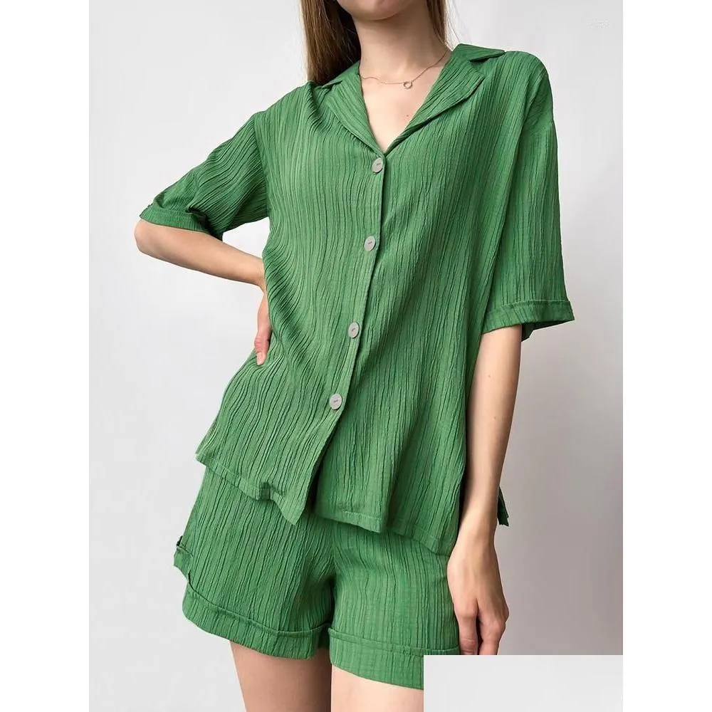 Women`s Sleepwear Hiloc Short Sleeve Lapel Pajama Sets Autumn Single-Breasted Pajamas Fashion Casual Night Wears For Women Loungewear