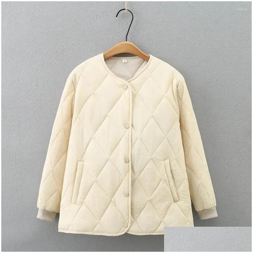 Women`s Trench Coats Autumn Cotton Padded Clothes Thicken Women Lapel Collar Rhombic Lattice Loose Casual Coat Commute Winter