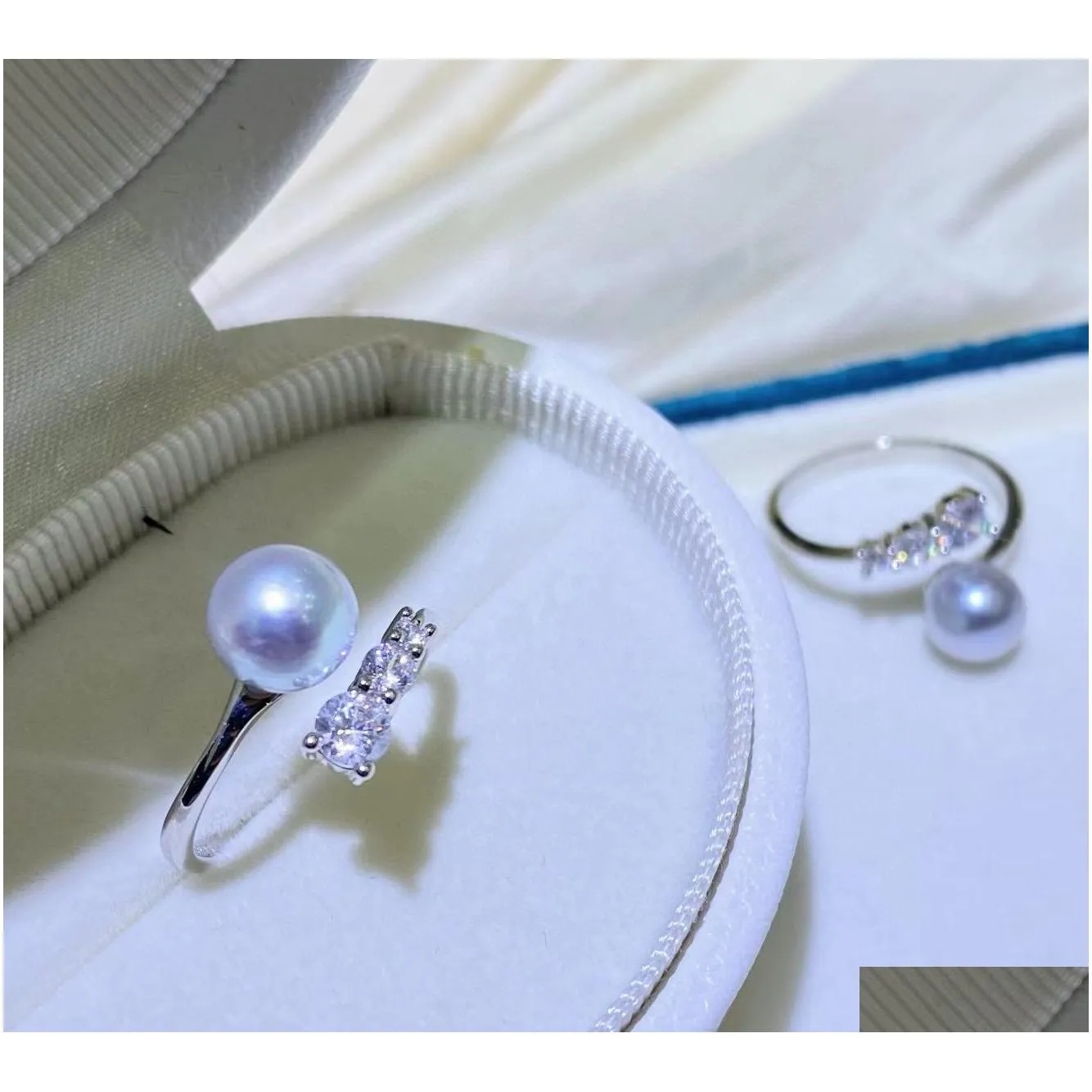 Cluster Rings 23032101 Diaomondbox Jewelry Ring 7-8Mm Akoya Pearl White Gold Plated Sterling 925 Sier Size Adjustable Curve Open Rhin Dh9Ql