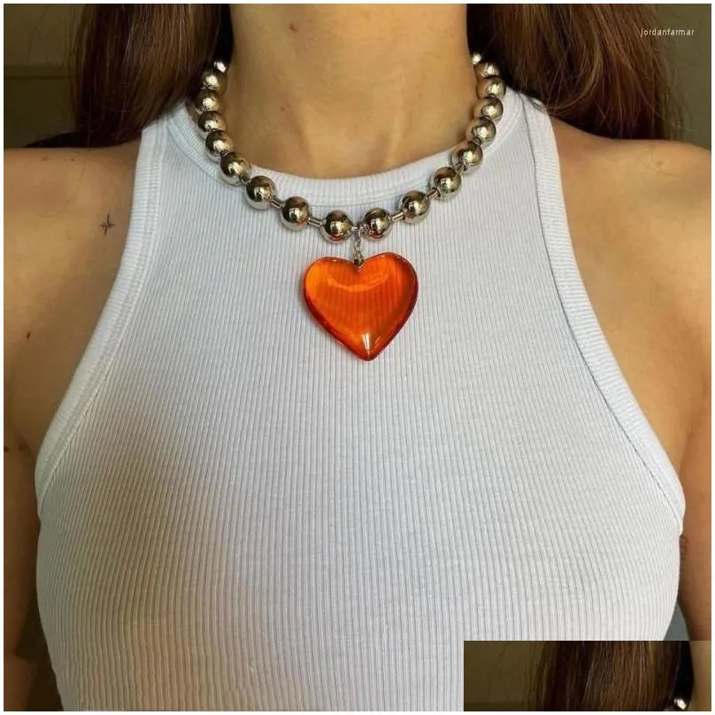 Pendant Necklaces Purple Glass Love Heart Aesthetic Beads Chains Choker Collar Hip Hop Punk Fashion For Women Club Y2k Jewelry