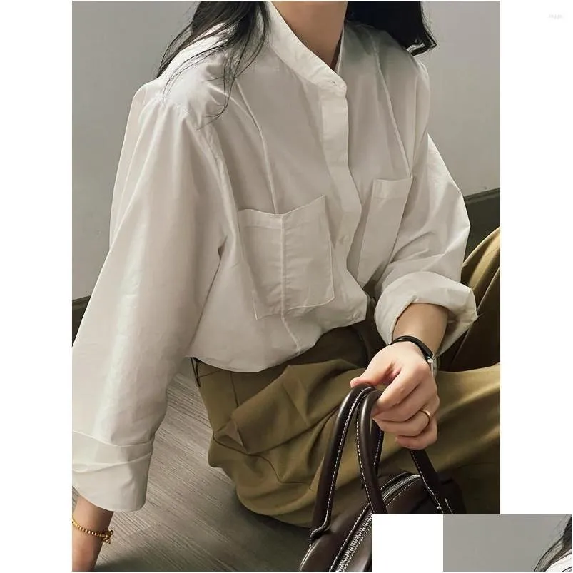 Women`s Blouses Standing Collar Shirt Woman Cotton