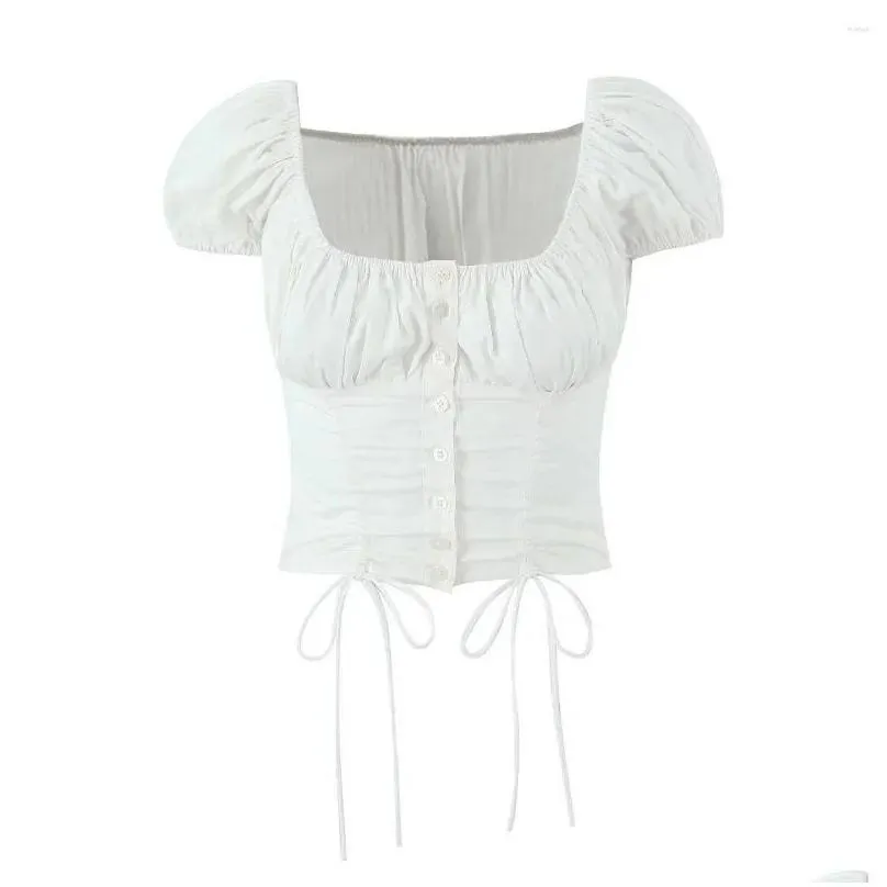 Women`s Blouses Boho Inspired White Corset Women Tops Cropped Sexy Blouse Buttons Short Puff Sleeve Womens And Y2k