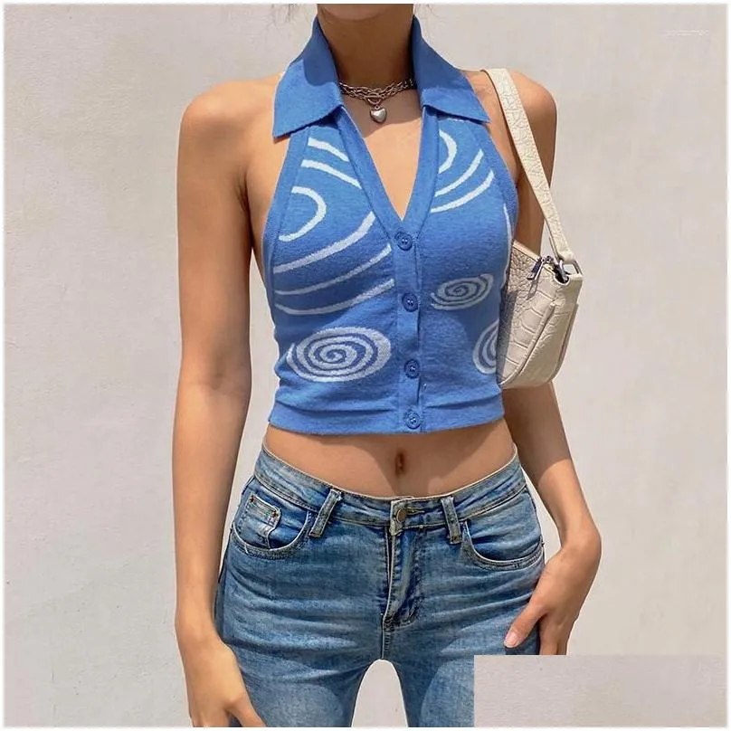 Women`s Tanks Women`s Open Back Sleeveless Knitted Cropped Top Ladies Sexy Y2k Vest Autumn Print V-neck Button Sweater Summer