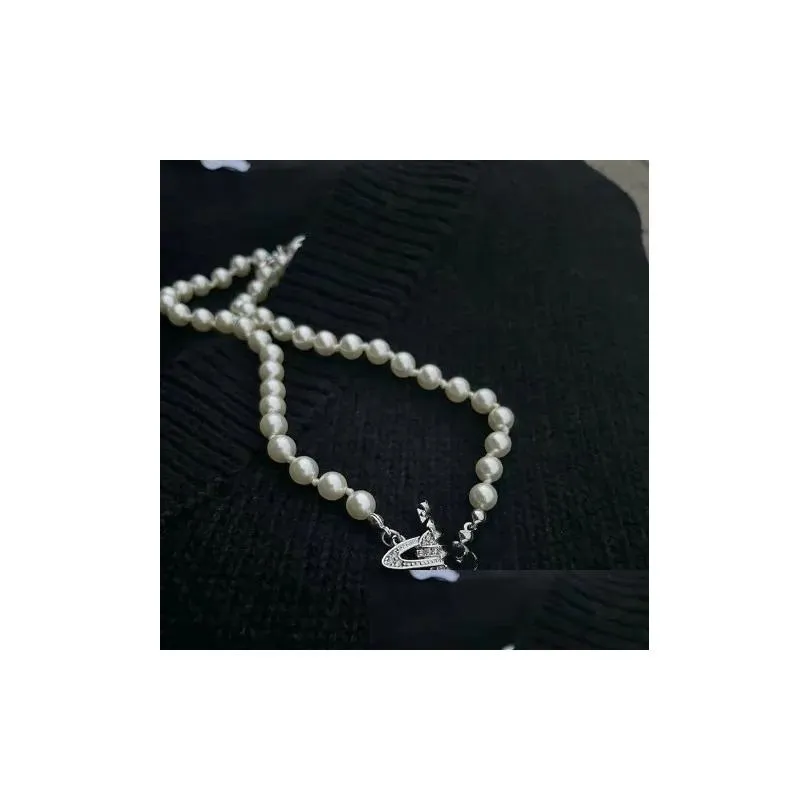 All-match Diamond-Embedded Saturn Pearl Necklace Female Online Influencer Light Luxury Full Diamond Planet Clavicle Chain Necklace