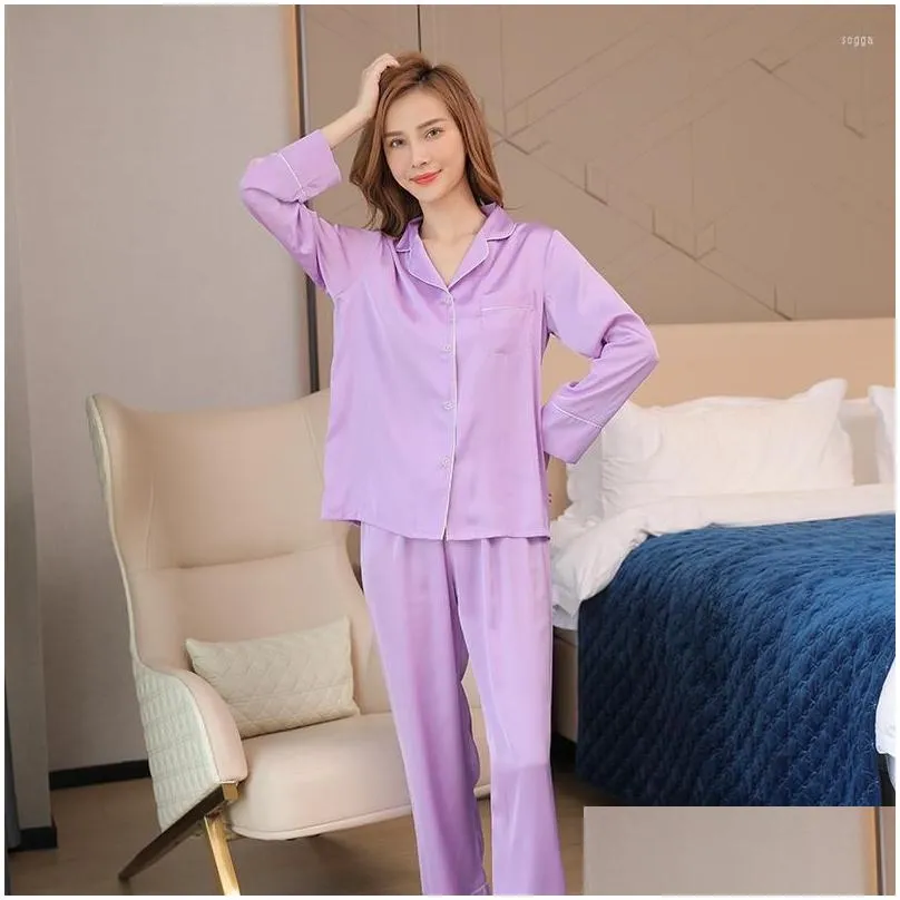 Women`s Sleepwear Silk Satin 2PCS Pajamas Suit Women Spring Full Sleeve Pant Home Wear Autumn Nightwear Fashion Pijama Pyjama