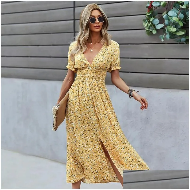 Party Dresses Summer V Neck Short Sleeve Floral Print Boho Dress For Women Sexy Slit Buttons Beach High Waist Slim Pleated Midi