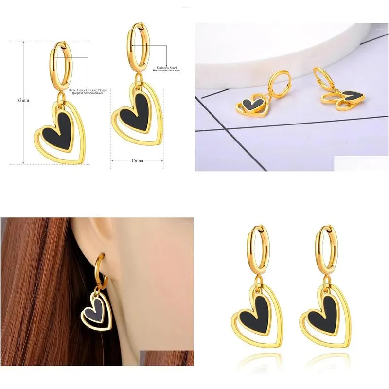 Hoop Earrings Fashion Titanium Stainless Steel Double Heart Birthday Gold Plated Acrylic For Women Girls E22102