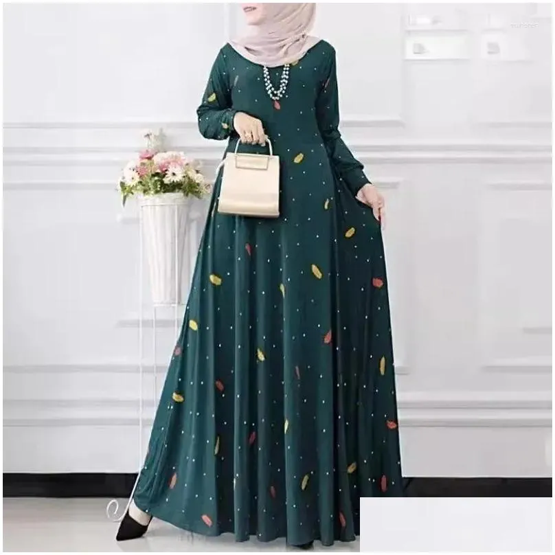 Ethnic Clothing 2024 Muslim Women`s Fashion Casual Dress With Leaf Dot Print Spring And Autumn Long Sleeved Bohemian Flare