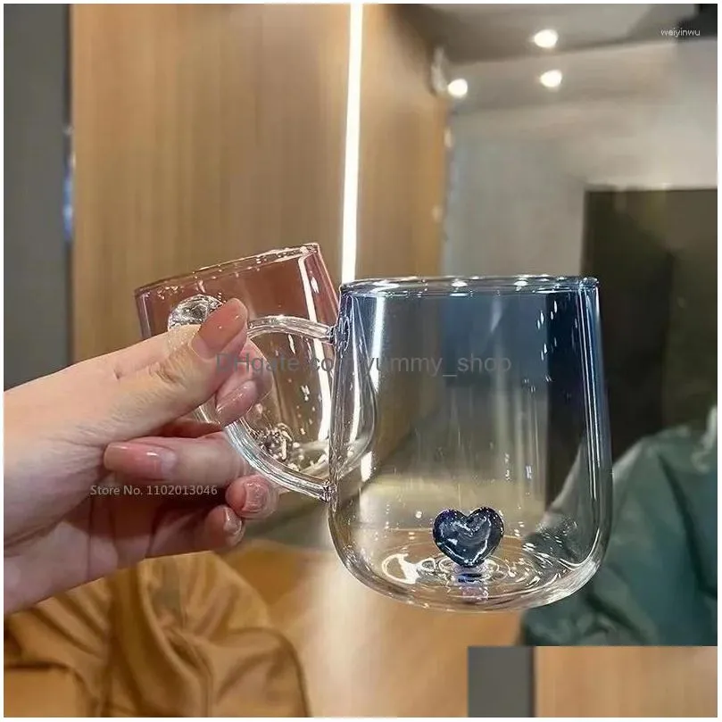 Wine Glasses Creative Water Cup With Pink Cute Heart Lovely Gift For Lovers Breakfast Milk Latte Coffee Transparent Drinking Drop Del Dhc2I