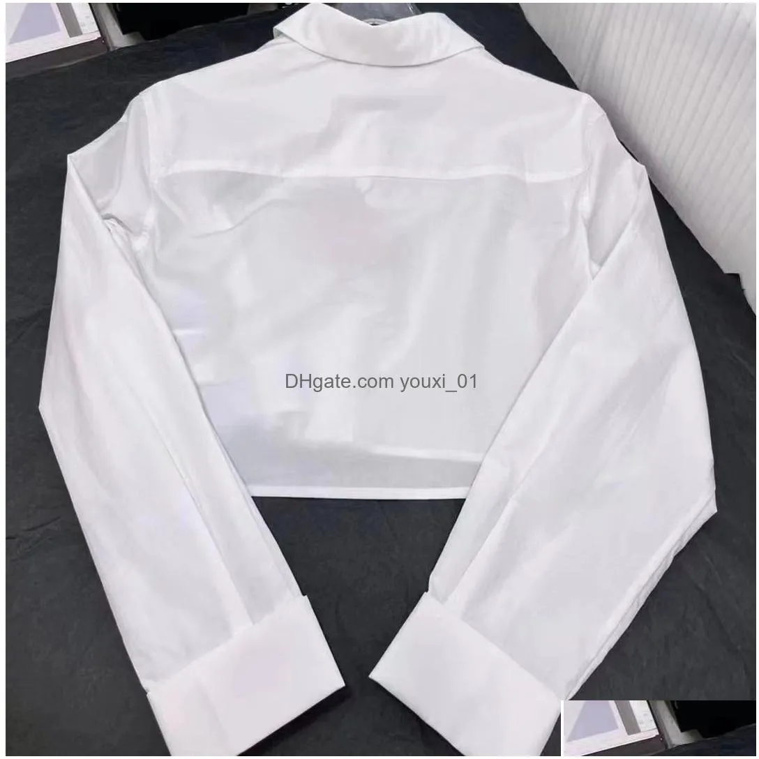 Women`S Blouses & Shirts Spring Womens Shirt Designer Blouse Luxury Cropped Long Sleeved Fashion Rhinestone Buttons On Cuffs White To Dhbm9