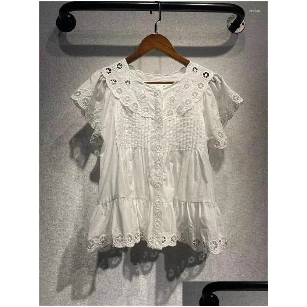Women`s Blouses Summer 2024 Women White Blouse Embroidered Hollow Out Patterns Sweet Pleated Age Reducing Cotton Top Female Flying