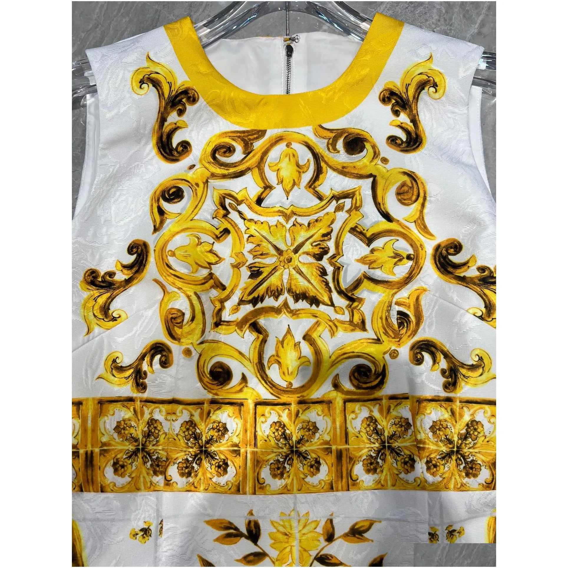 European fashion brand yellow porcelain printed gather waist jacquard vest mini dress