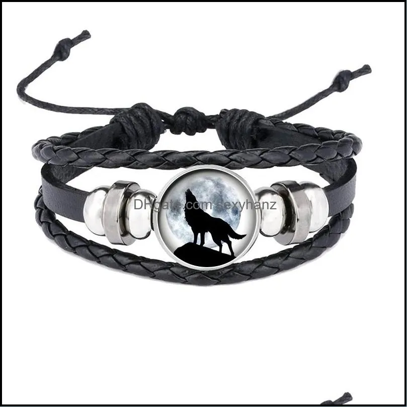 Charm Bracelets Wolf And Fl Moon Black Button Leather Bracelet Jewelry Round Glass Dome Cabochons For Pendant Gift Fashion Dhgarden Dhfpt