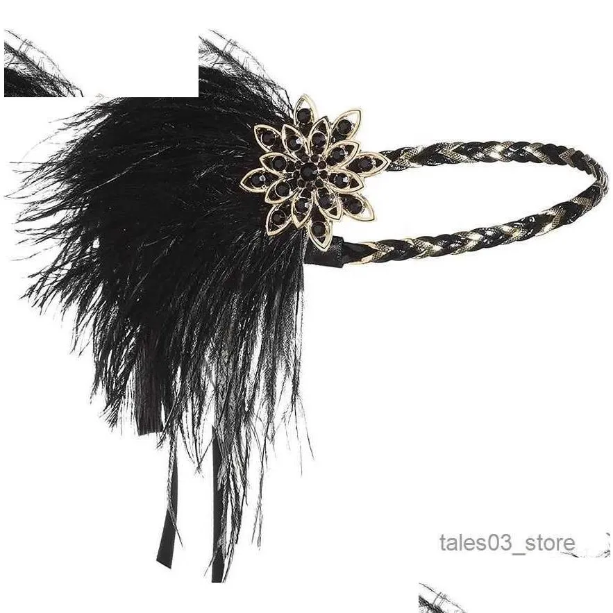 headwear hair accessories 1920s flper headband roaring 20s headpiece gatsby ostrich feather headpiece with crystal q231204