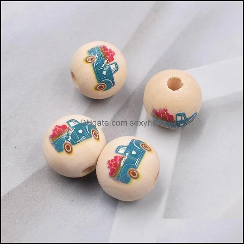 Wood Round Loose Beads 16Mm Colorf Truck Heart Print Design Spacer Wooden Ball For Diy Crafts Jewelry Making Drop Delivery Dhgarden Dhtq9