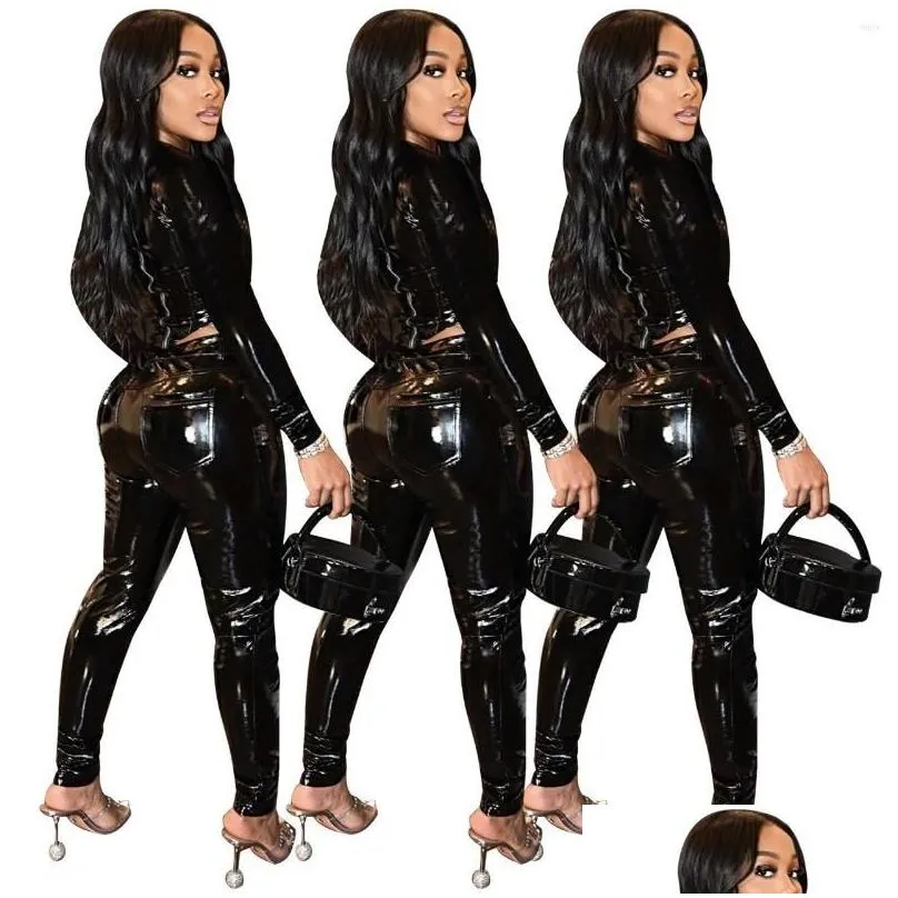 Women`s Two Piece Pants 2023 Arrival 2 Pcs PU Women Set Solid O-neck Long Sleeve Tops Sexy Club Outfits