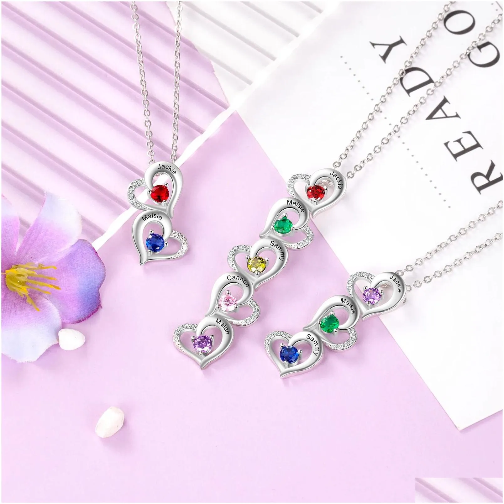 personalized multi-heart pendant with 2-6 birthstones customized engraved name mother necklaces christmas gift for family 240115