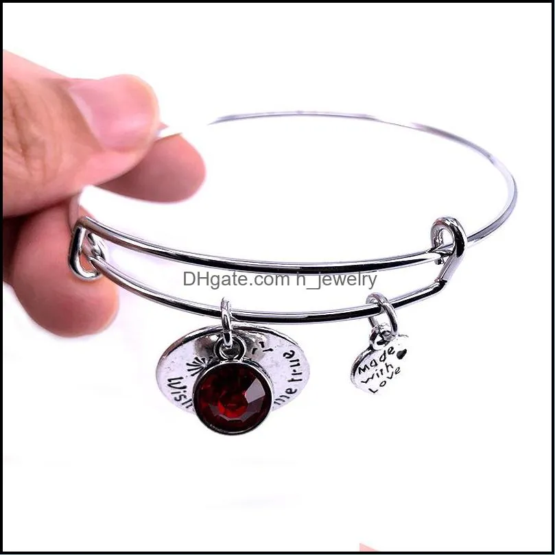Charm Bracelets Birthstone Bracelet For Women Fashion Jewelry Gift Steel Wire Cuff Bangle Wish Do Come True Cute Made With Love Heart Dhr9O