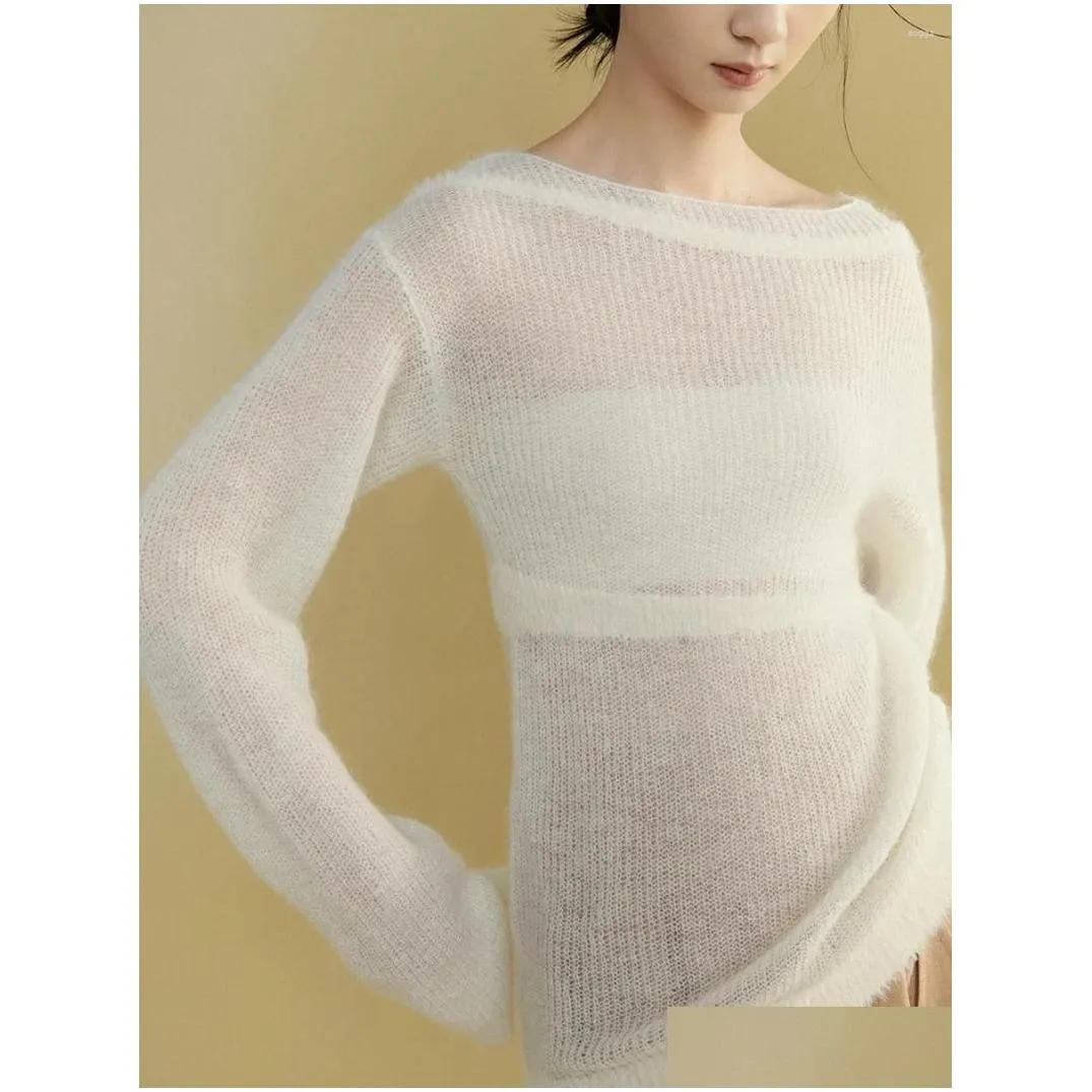 Women`s Sweaters Thin Sweater With Off Shoulder Stripe Wool Knitted