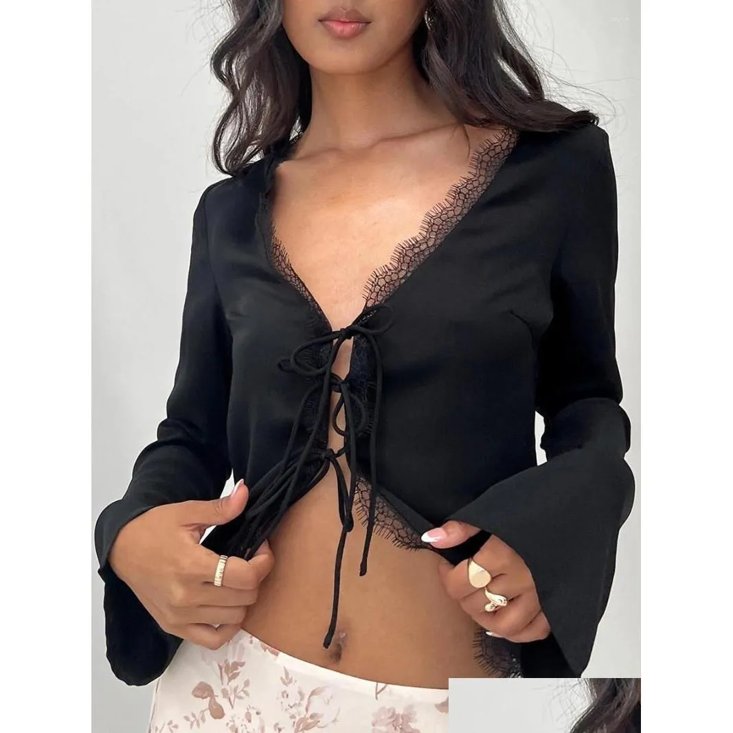 Women`s Blouses Women Crop Long Sleeve Tops Lace Eyelash Trim Tie Front Shirt Casual Cardigan For Club Streetwear Aesthetic Clothes