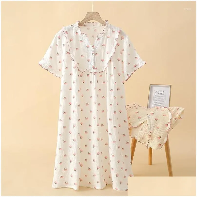 Women`s Sleepwear Summer Ladies Nightdress Cotton Crepe Skirt Thin Short Sleeve Japanese Sweet Cute V Neck Lace Home Women