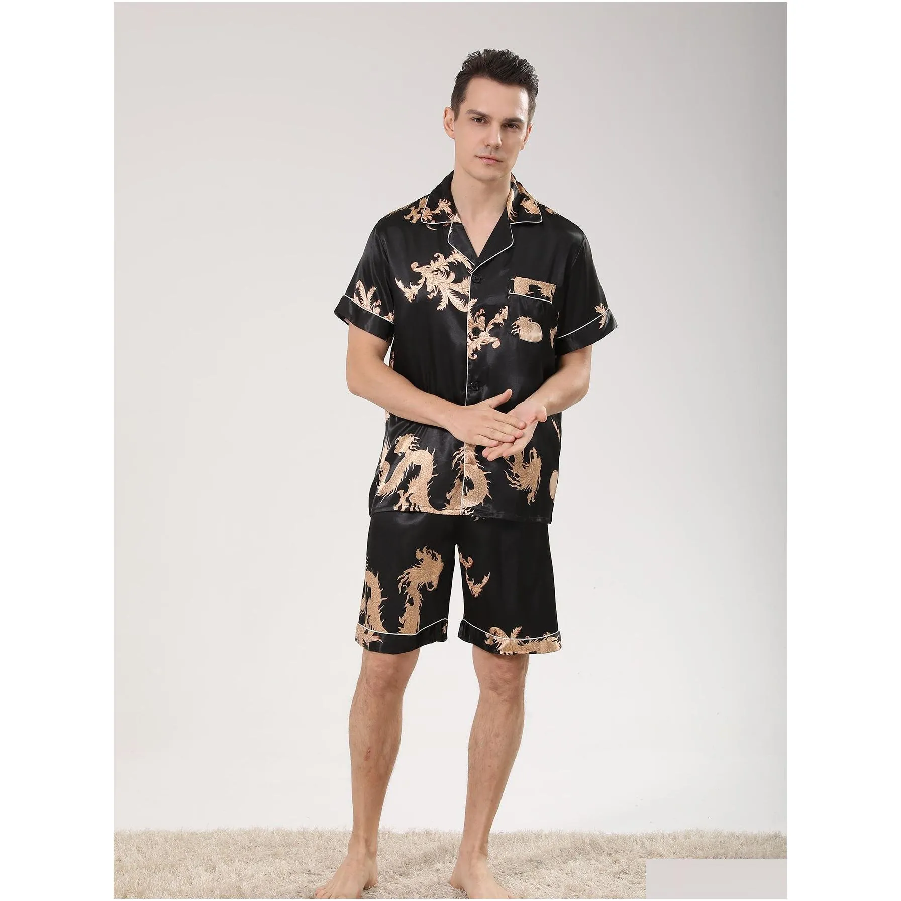 Men`S Sleepwear Men Satin Silk Pajamas Sets Shirts Shorts Male Pijama Sleep Wear Leisure Home Clothing Dragon Letter Loungewear Drop Dh49T