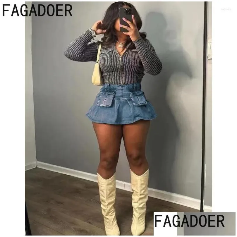 Skirts FAGADOER Fashion Y2K Streetwear Women High Waist Pocket A-line Mini Denim Summer Female Cute Elasticity Skirt Bottoms